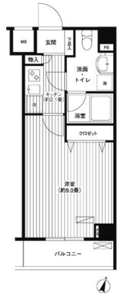 グランハイツ東中野(1K/2階)の間取り写真